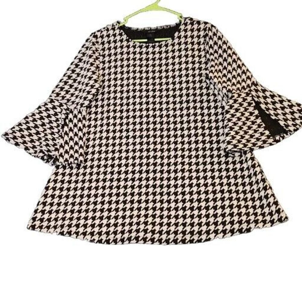 Ali Miles Black/Ivory Textured Houndstooth Bell Split Sleeve Preppy Top Sz M
